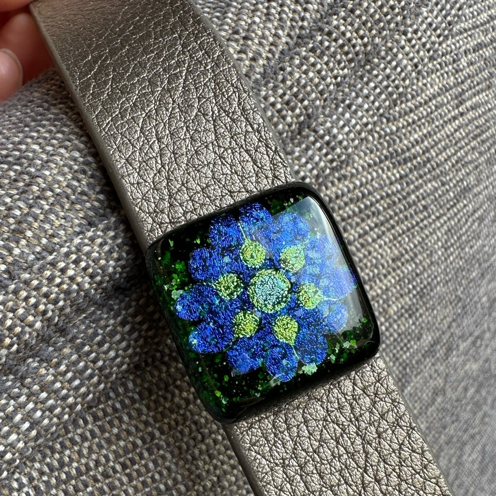 Green Glitter Blue Lotus Glass Mandala Platinum Metallic Bracelet